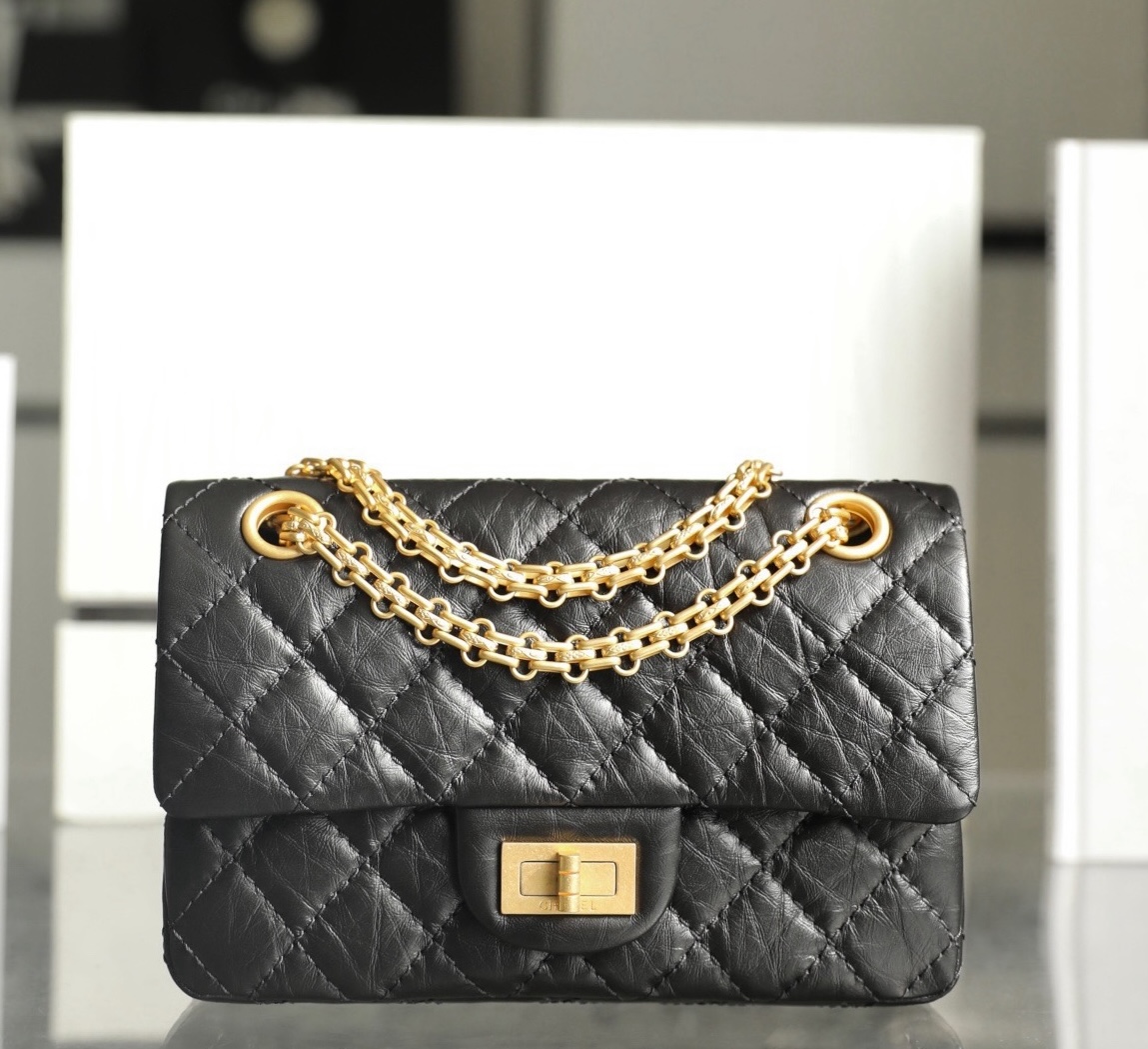 CHANEL  MINI 2.55 HANDBAG Glittered Aged Calfskin Gold-Tone Metal  black