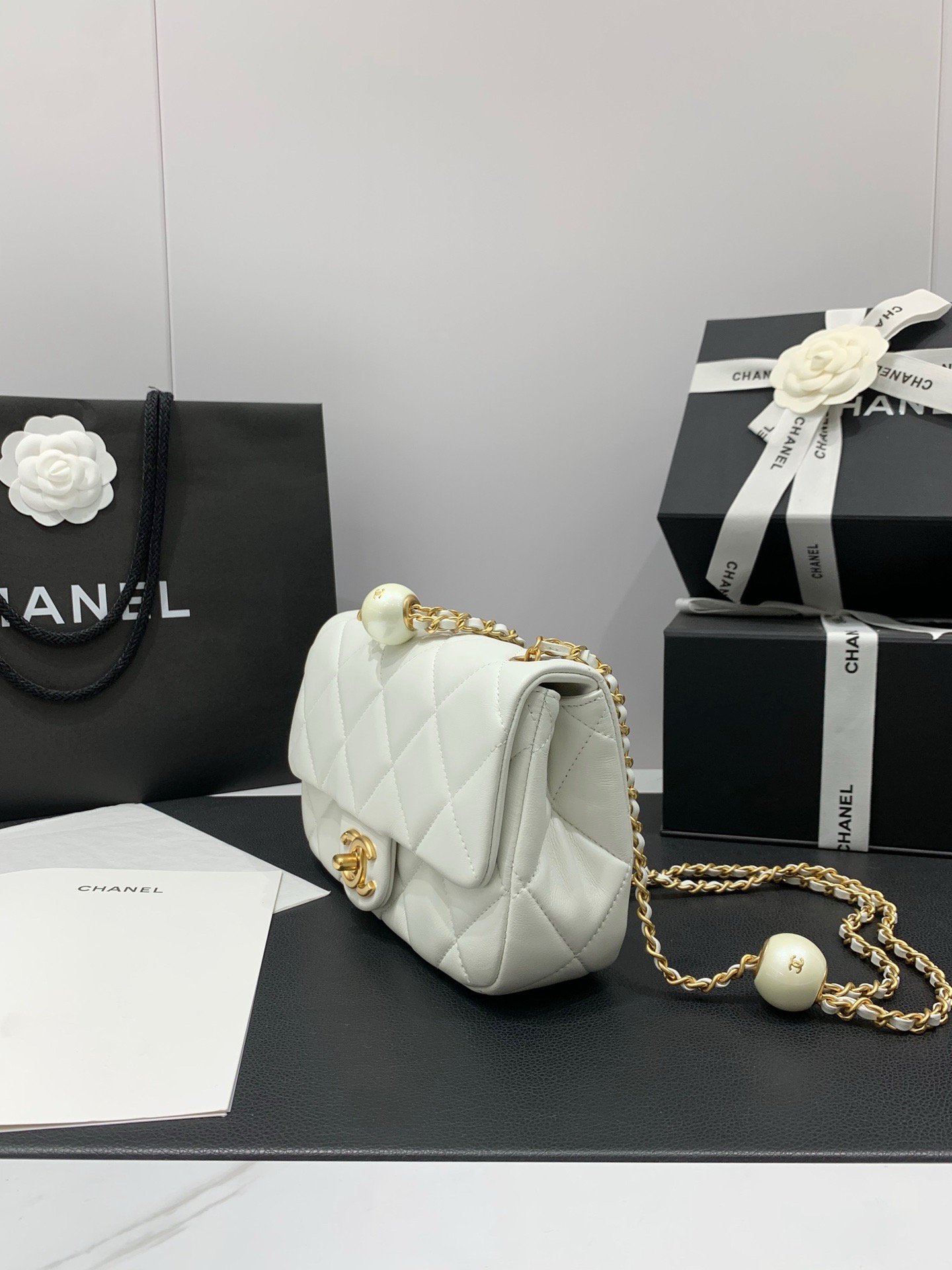 CHANEL  24S  MINI FLAP BAG Lambskin, Imitation Pearls & Gold Metal white