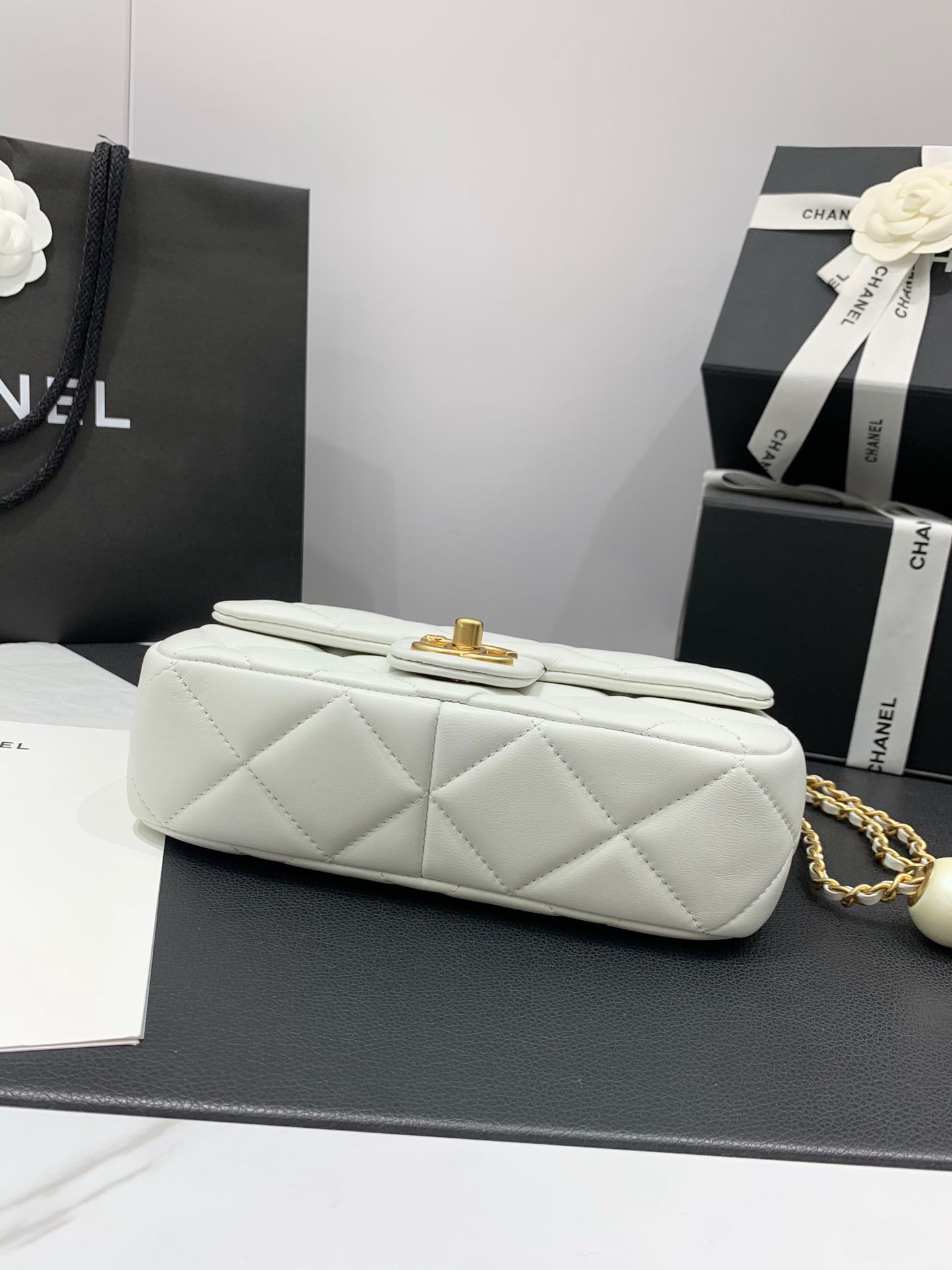 CHANEL  24S  MINI FLAP BAG Lambskin, Imitation Pearls & Gold Metal white