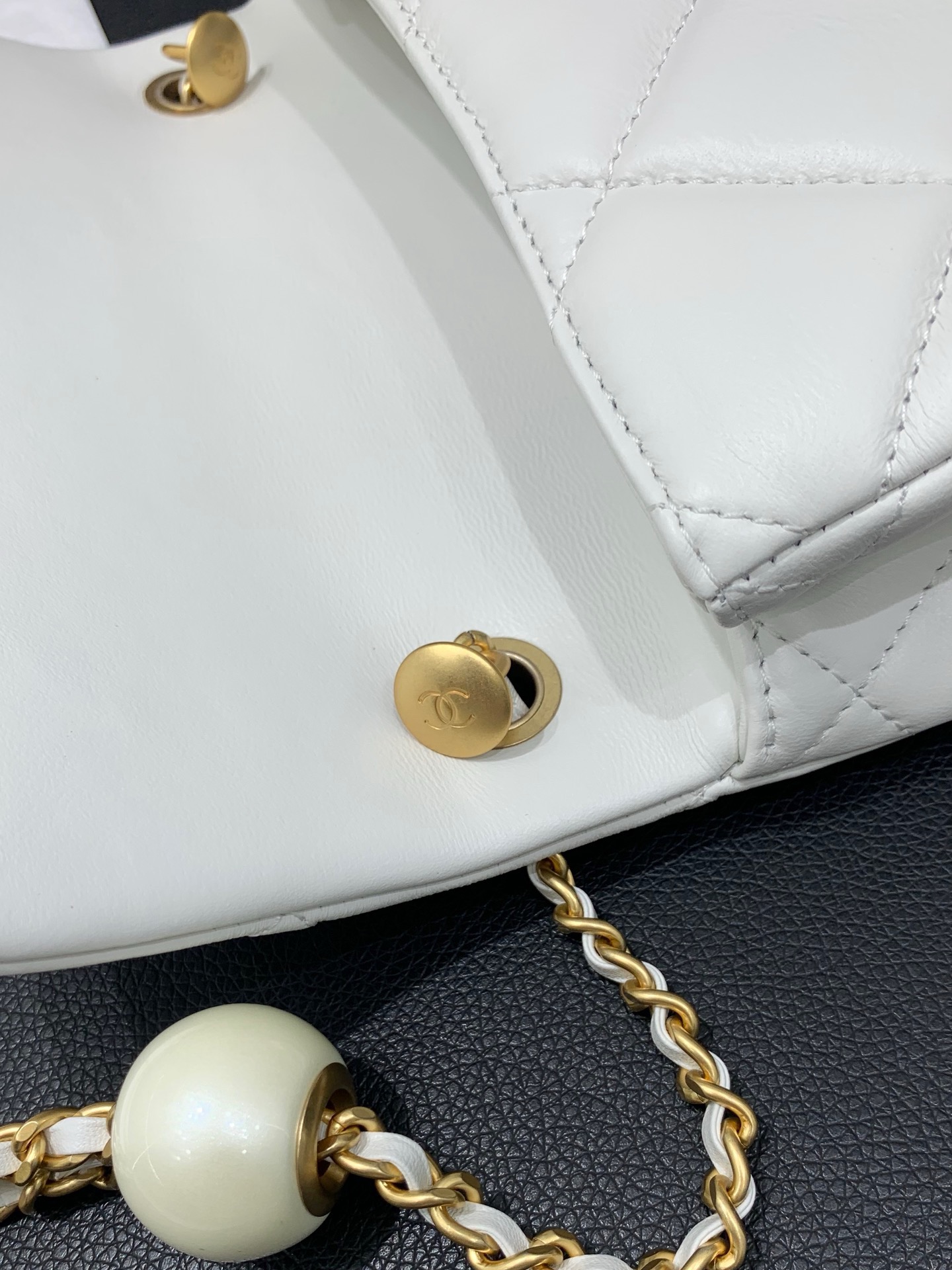 CHANEL  24S  MINI FLAP BAG Lambskin, Imitation Pearls & Gold Metal white