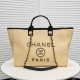 CHANEL Straw Raffia Calfskin Chain Medium Deauville Tote Beige Black