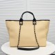 CHANEL Straw Raffia Calfskin Chain Medium Deauville Tote Beige Black