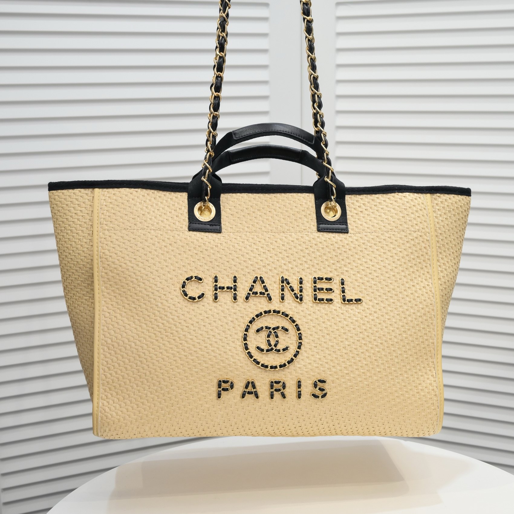 CHANEL Straw Raffia Calfskin Chain Medium Deauville Tote Beige Black