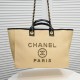 CHANEL Straw Raffia Calfskin Chain Medium Deauville Tote Beige Black