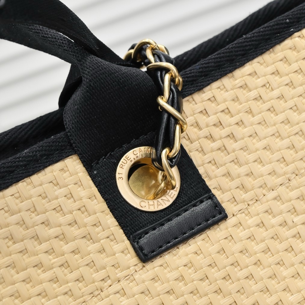 CHANEL Straw Raffia Calfskin Chain Medium Deauville Tote Beige Black