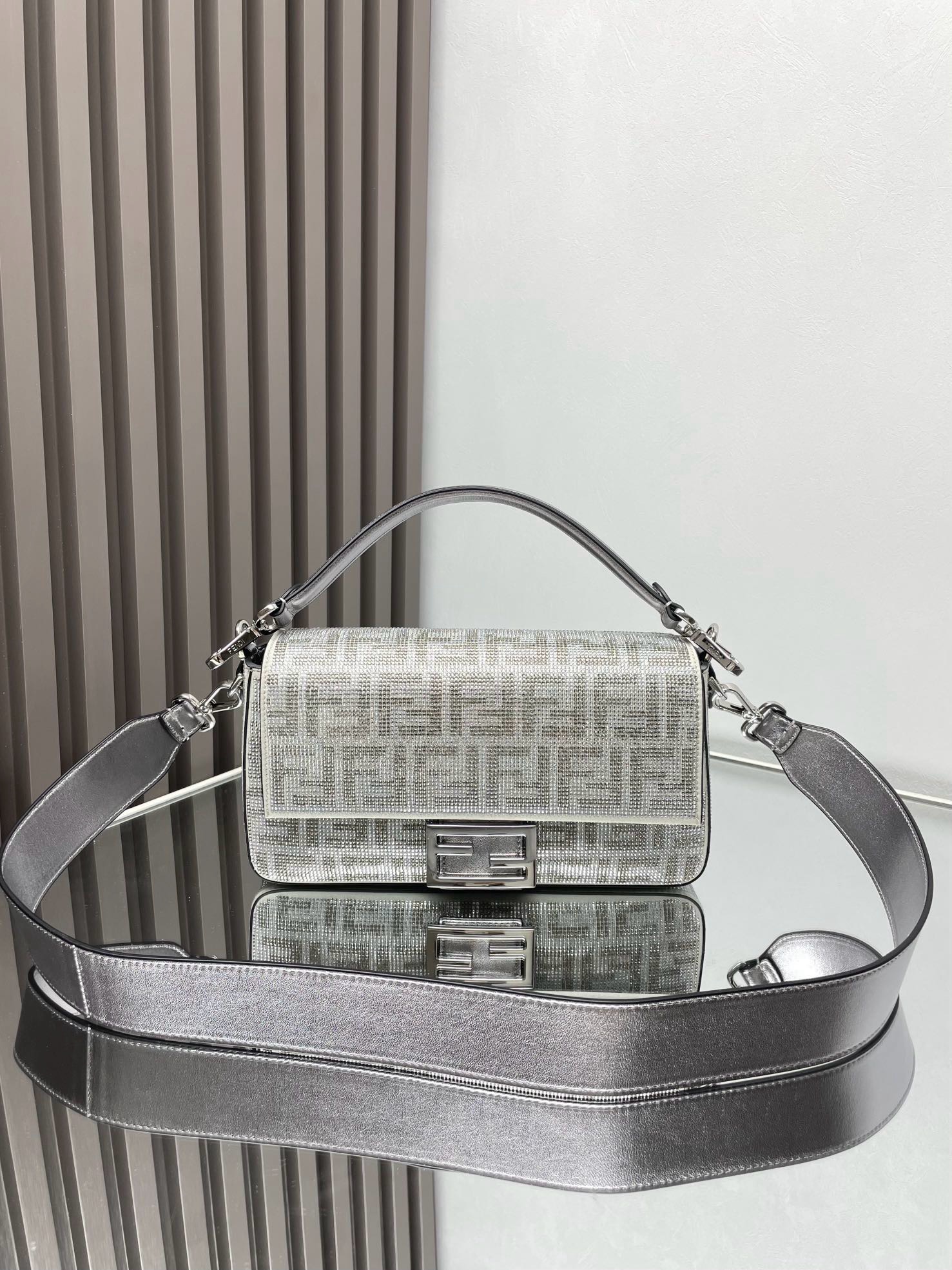 Fendi  Baguette Silver leather bag with crystal FF motif