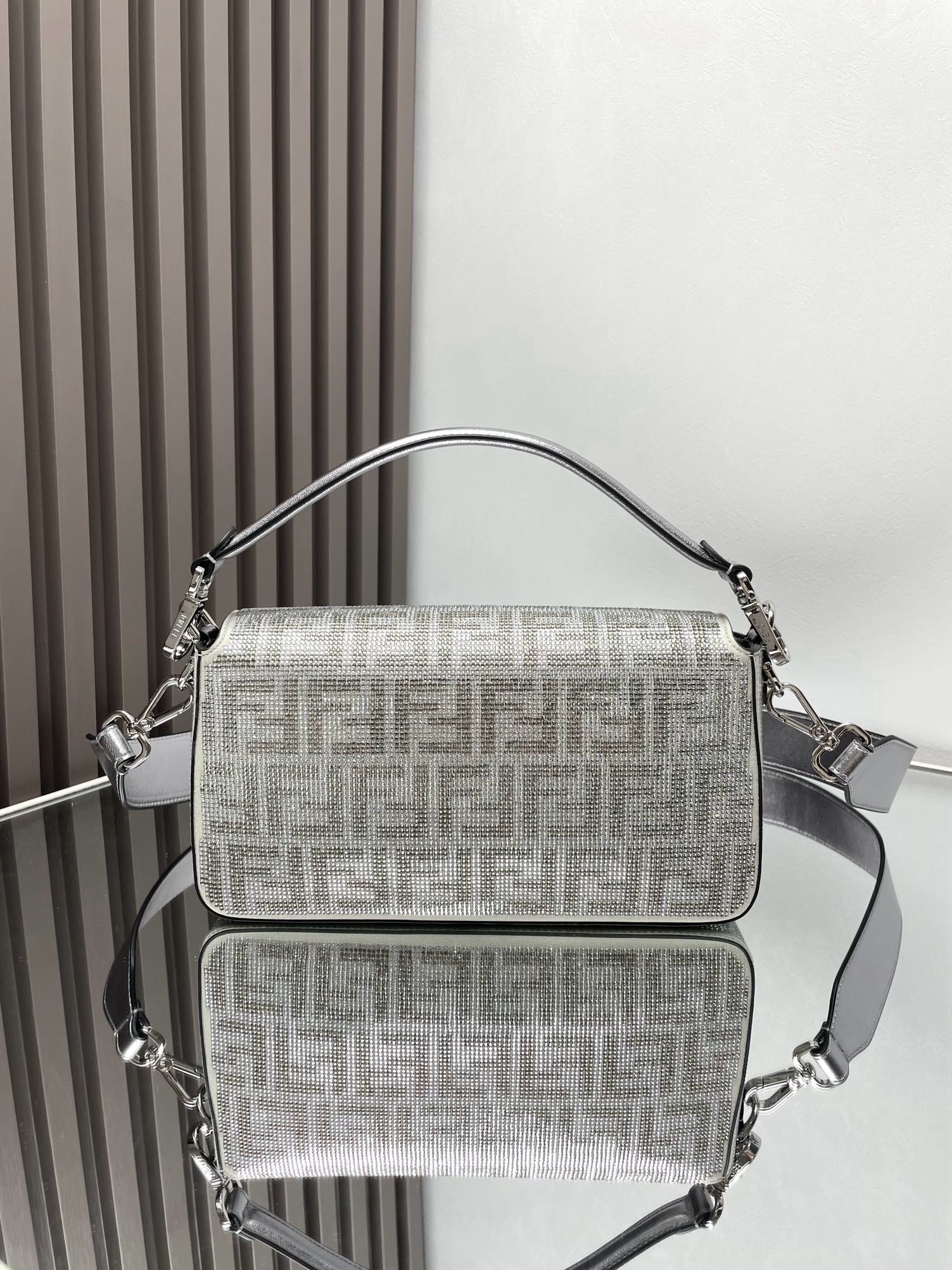 Fendi  Baguette Silver leather bag with crystal FF motif