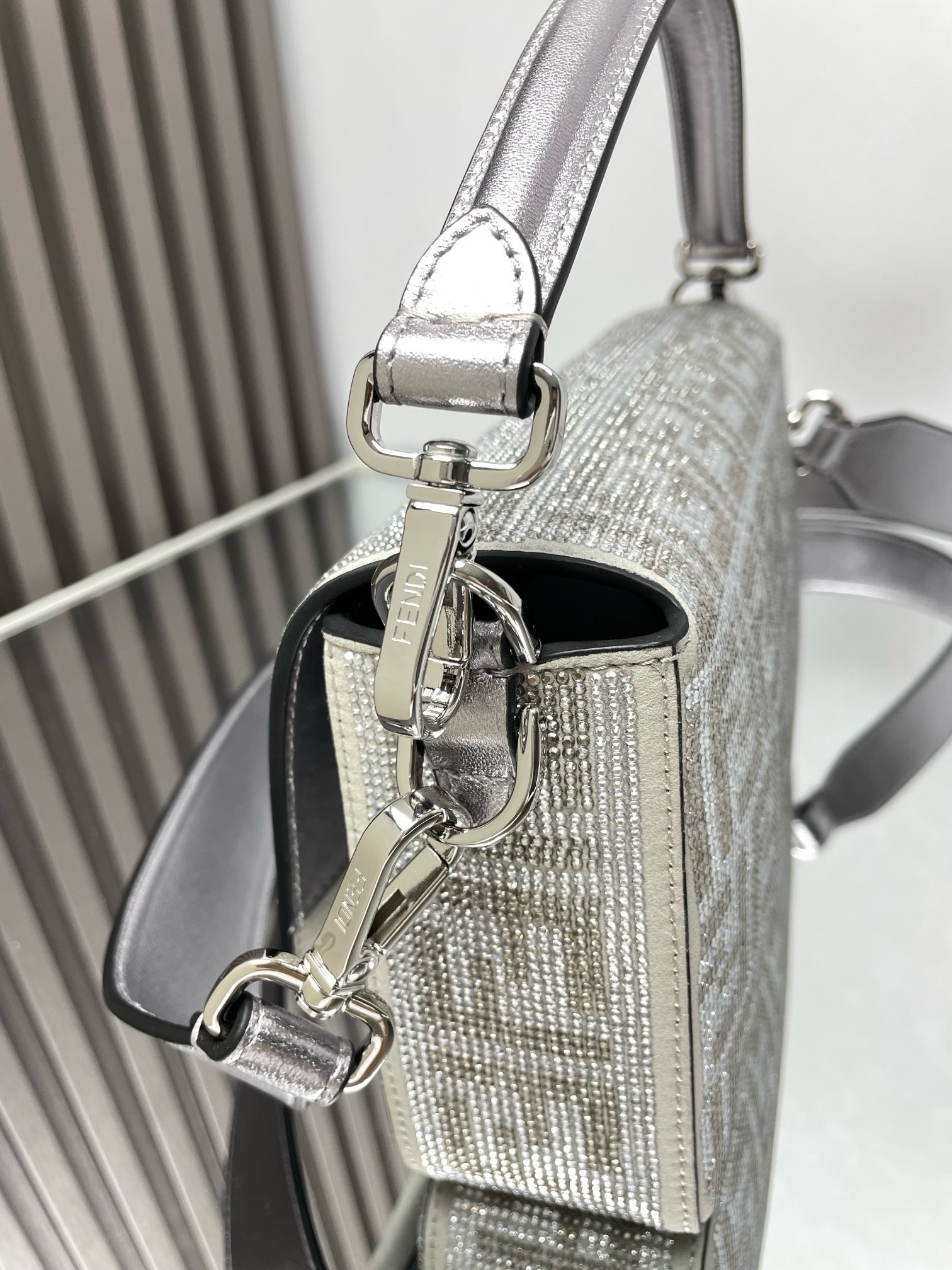 Fendi  Baguette Silver leather bag with crystal FF motif