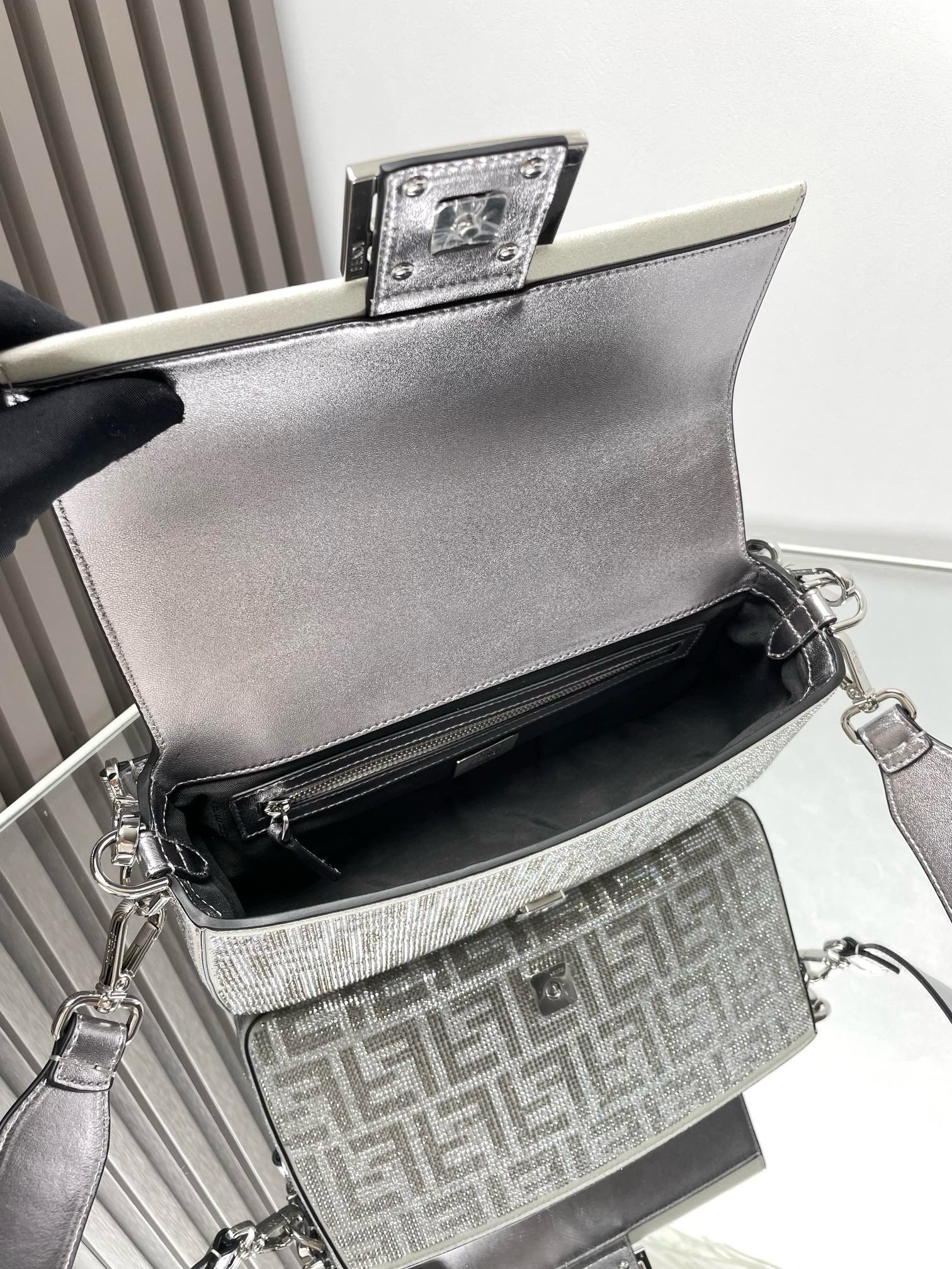 Fendi  Baguette Silver leather bag with crystal FF motif