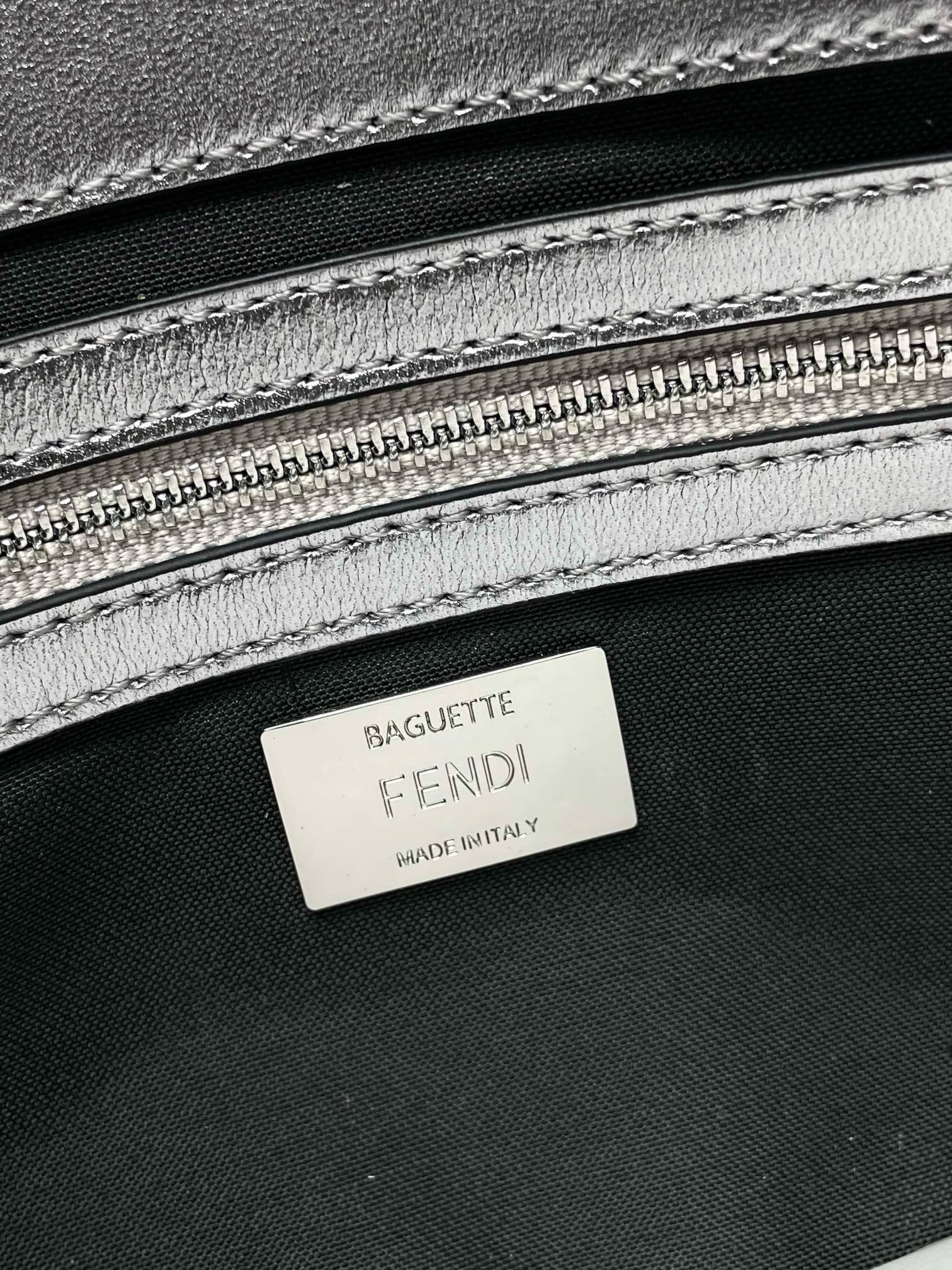 Fendi  Baguette Silver leather bag with crystal FF motif