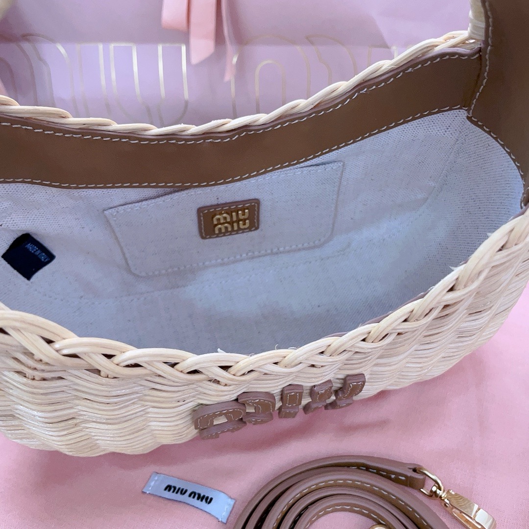 Miu Miu Wander woven raffia-effect yarn hobo bag with leather details