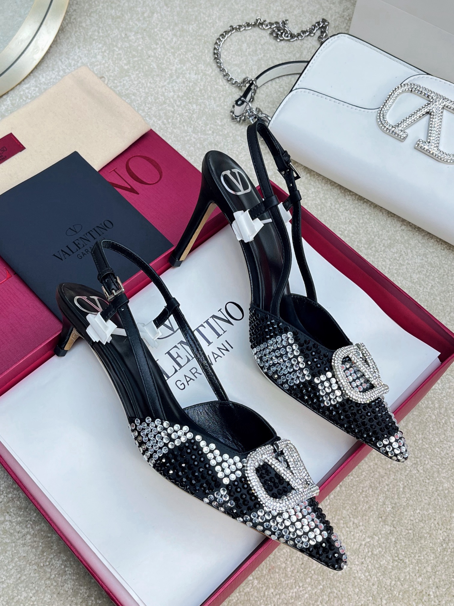 Valentino Vlogo Signature Slingback Black Calfskin With Crystals Caro