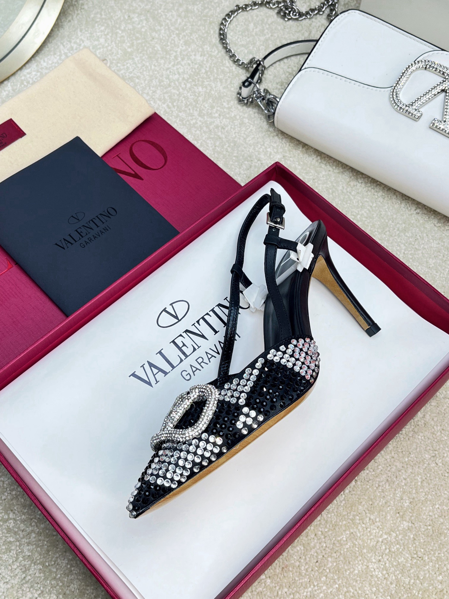 Valentino Vlogo Signature Slingback Black Calfskin With Crystals Caro