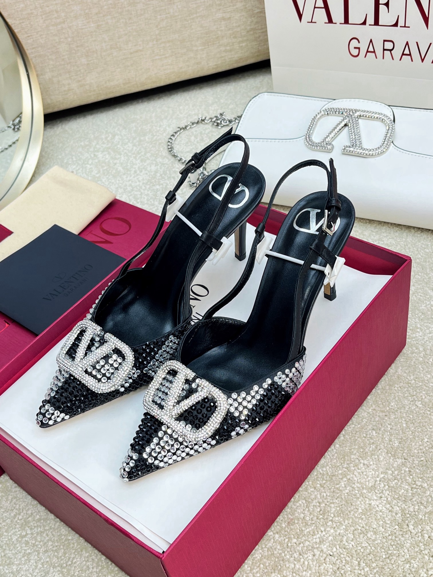 Valentino Vlogo Signature Slingback Black Calfskin With Crystals Caro