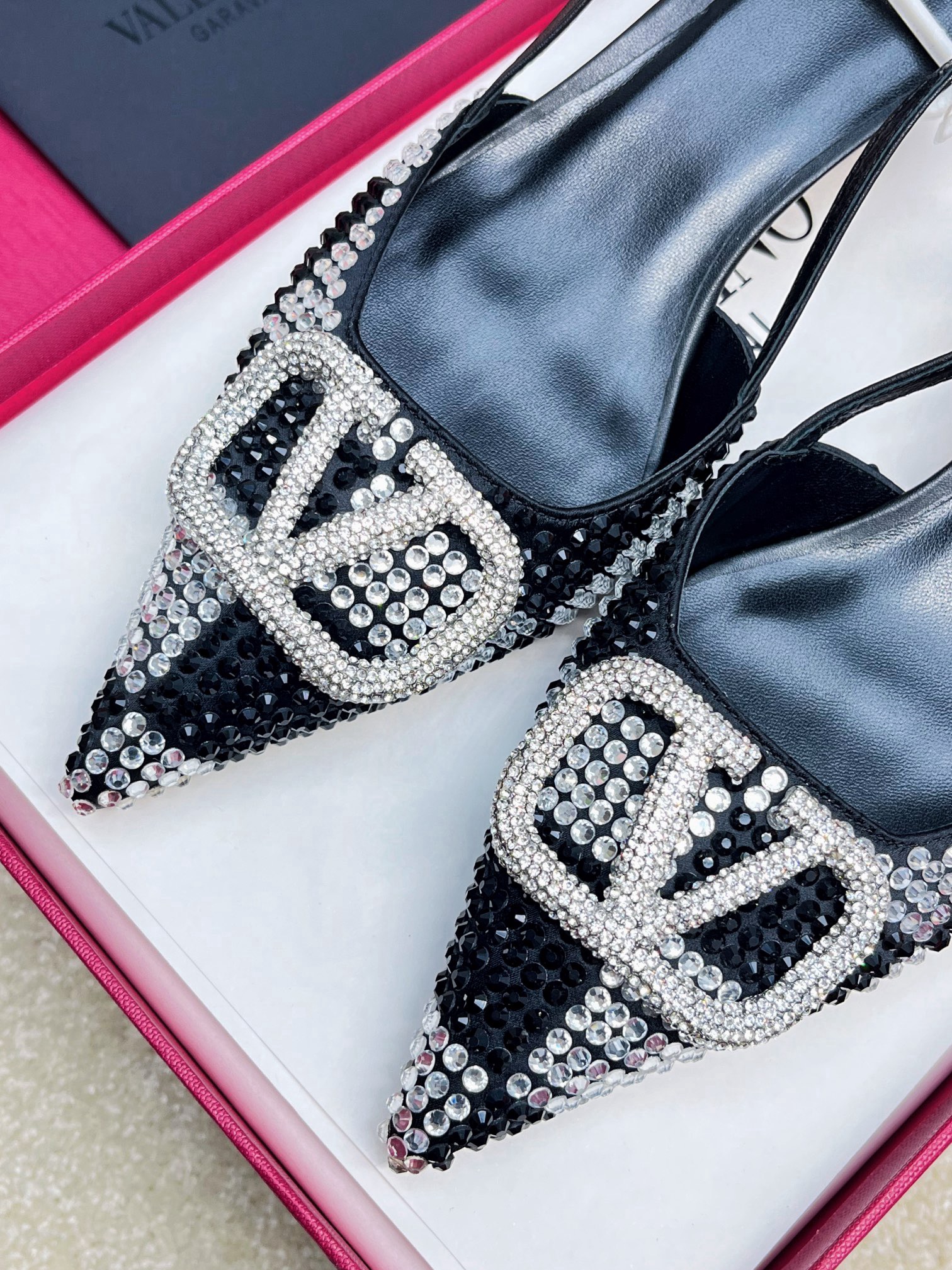 Valentino Vlogo Signature Slingback Black Calfskin With Crystals Caro